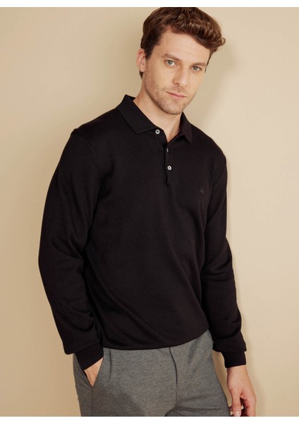 Polo Yaka Standart Siyah Erkek Kazak BBFW25MKL003