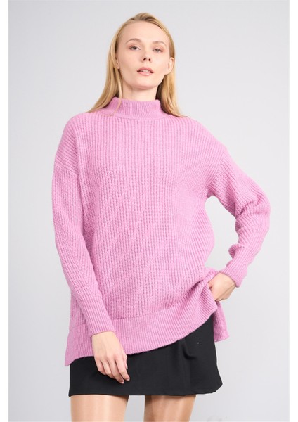 Çetinkaya Miya Mira Modest 8630 Kadın Dik Yaka Akrilik Yırtmaçlı Triko Kazak Leylak