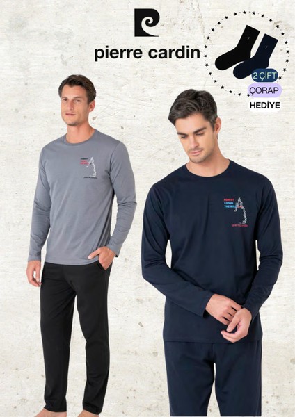 Erkek %100 Pamuk Uzun Kol Baskılı Koyu Gri & Lacivert Iki Adet Pijama Takımı L1.PC.6103.002