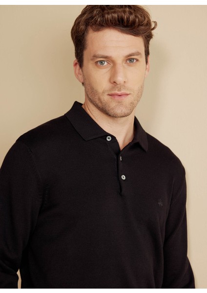 Polo Yaka Standart Siyah Erkek Kazak BBFW25MKL003 fırsatları