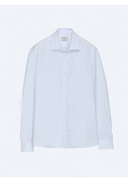 Beyaz Regular Fit Dokuma Klasik Pamuk Karışımlı Gömlek