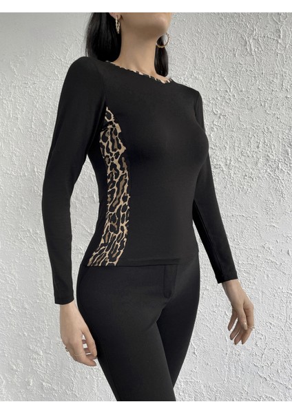 Kadın Siyah Uzun Kollu Viskon Basic Bluz Yanı Leopar Şerit Detaylı Bisiklet Yaka Body fırsatları