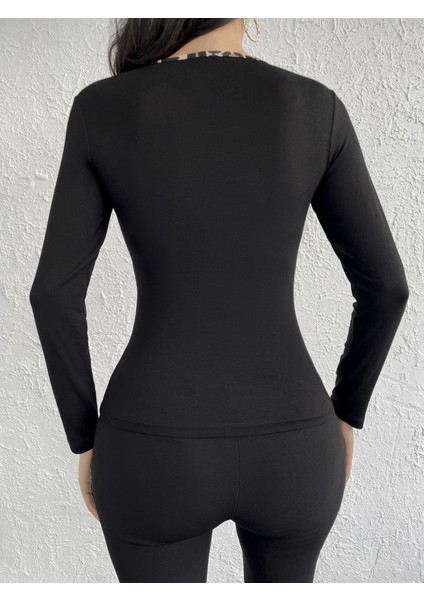Kadın Siyah Uzun Kollu Viskon Basic Bluz Yanı Leopar Şerit Detaylı Bisiklet Yaka Body indirimleri