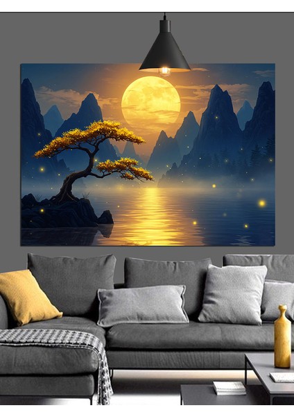 Dolunayda Denize Yansıyan Ağaçlar Dekoratif Kanvas - Mdf Ahşap Tablo