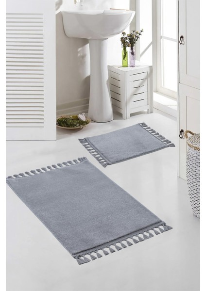 Yıkanabilir Premium Ponpon Saçaklı Kaymaz Taban Post Peluş Banyo Paspası 2'li Takım Bej mt