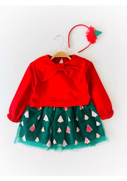 Kız Çocuk Büyük Fiyonk Detaylı Noel Yılbaşı Temalı Kırmızı Elbise ve Taç Takım