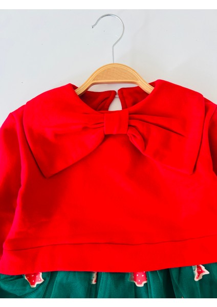 Kız Çocuk Büyük Fiyonk Detaylı Noel Yılbaşı Temalı Kırmızı Elbise ve Taç Takım fiyatları