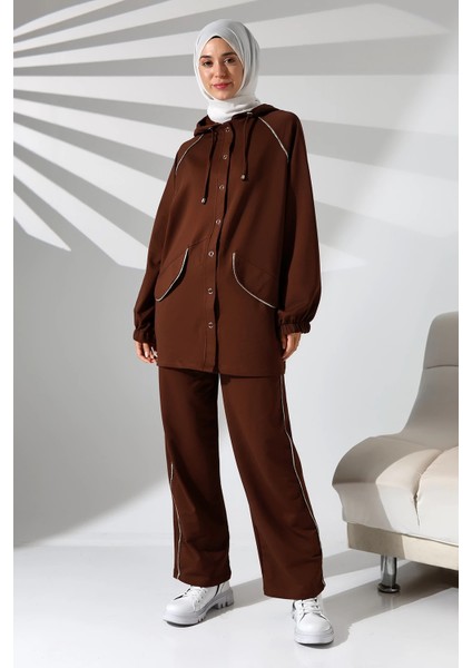 Kadın Mevsimlik Penye Alt Üst Spor ve Rahat Kahverengi Ikili Tunik Pantolon Şık Tesettür Takım