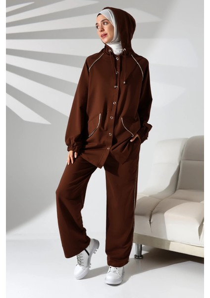 Kadın Mevsimlik Penye Alt Üst Spor ve Rahat Kahverengi Ikili Tunik Pantolon Şık Tesettür Takım modelleri
