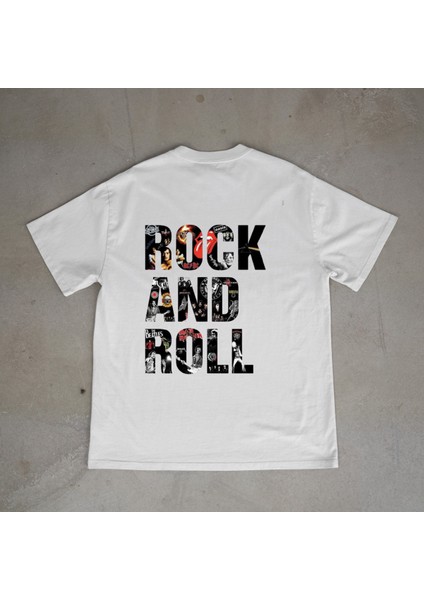 Rocknroll Tasarım Baskılı Beyaz Oversize T-Shirt