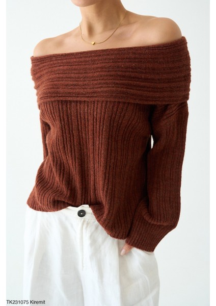 Kadın Rahat Kalıp Omuz Dekolteli Triko Kazak fiyatları