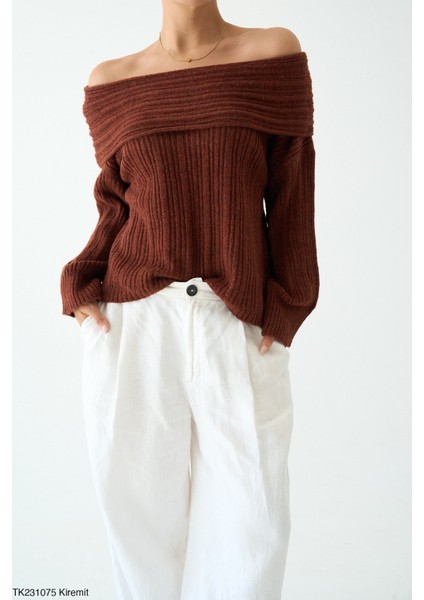 Kadın Rahat Kalıp Omuz Dekolteli Triko Kazak modelleri