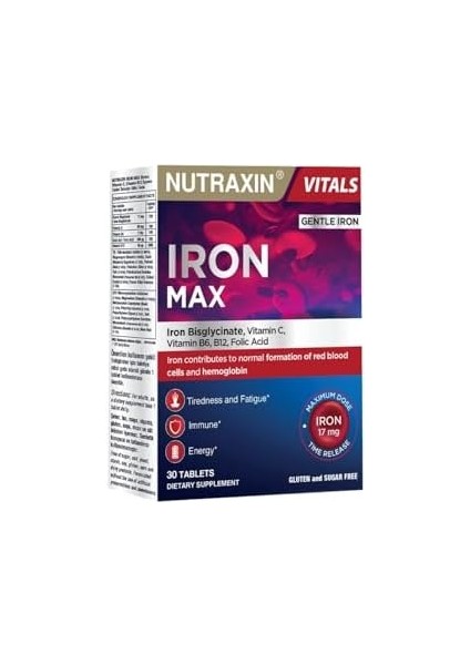 Nutraxin Iron Max 17 Mg 30 Tablet - Demir, C Vitamini, B6 Vitamini, Folik Asit, B12