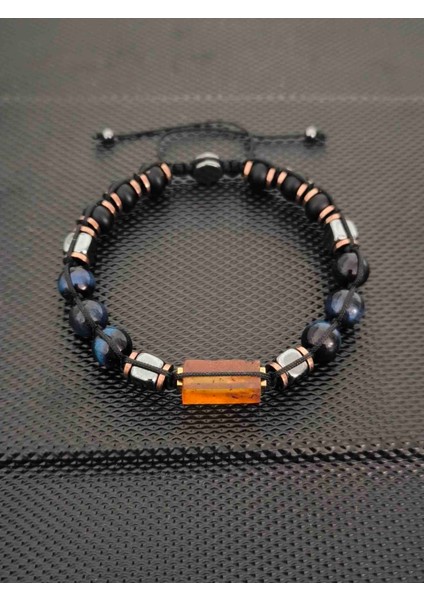 Natürel Serbest Kesim Baltık Damla Kehribar-8 mm Mavi Kaplangözü-Mat Oniks-Hematit Doğaltaş Bileklik Takı Aksesuar Erkek Bileklik