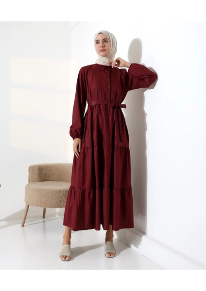 Kadın 100% Pamuk Viskon Desenli Bordo Tesettür Elbise modelleri