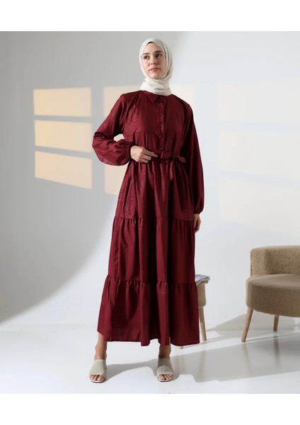 Kadın 100% Pamuk Viskon Desenli Bordo Tesettür Elbise fırsatları