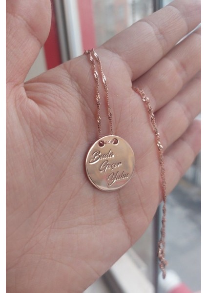 925 Ayar Gümüş Rose Altın Kaplama Plaka Kolye