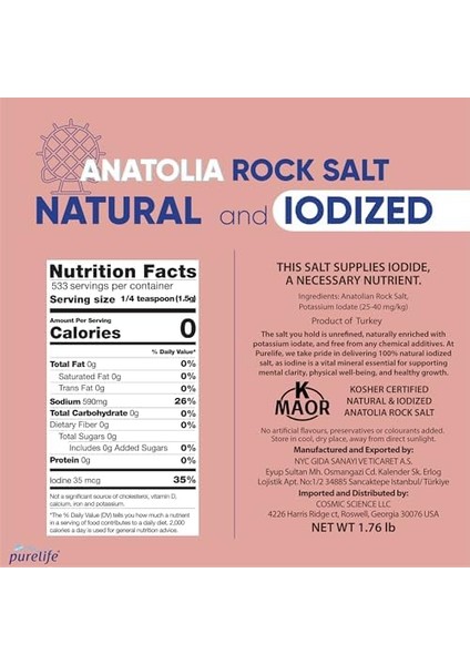 Purelife Anatolia Kaya Tuzu Ince Iyotlu Beyaz Doypack 800GR