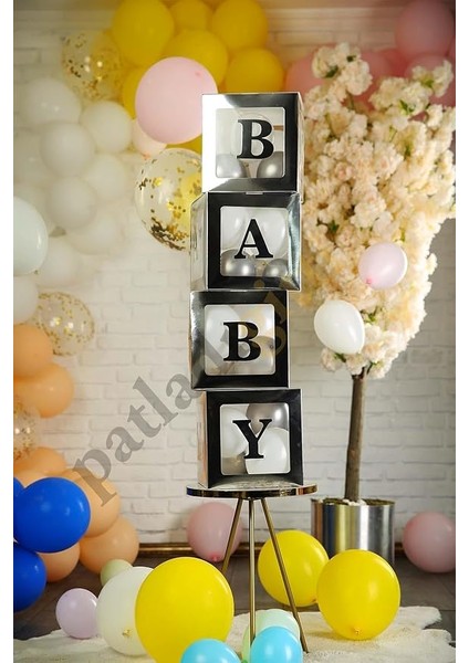 Gitti 33 Parça Baby Yazılı Şeffaf Kutu ve Balon Seti (Gümüş)