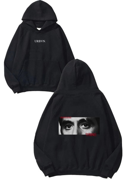 Montana Eyes Tasarım Baskılı Oversize Siyah Kapüşonlu Sweatshirt
