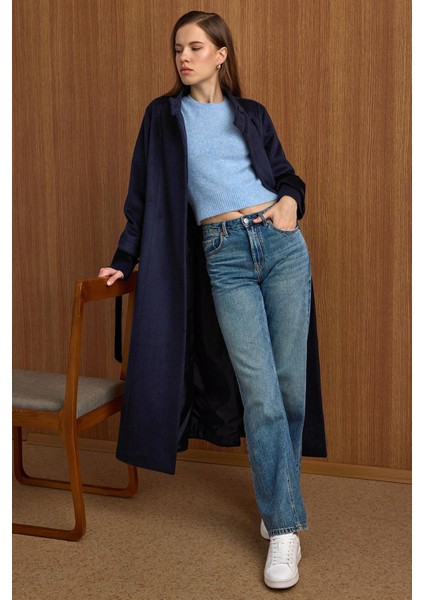 Hakim Yaka Ribana Detaylı Uzun Moher Kaban Lacivert 3160