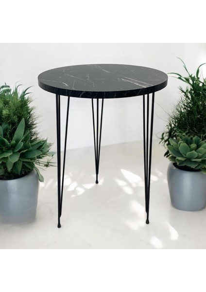 Tekli Yuvarlak Zigon Sehpa (Seyah Mermer) Metal Tel Ayak