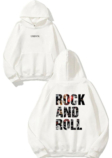 Rock And Roll Tasarım Baskılı Oversize Beyaz Kapüşonlu Sweatshirt