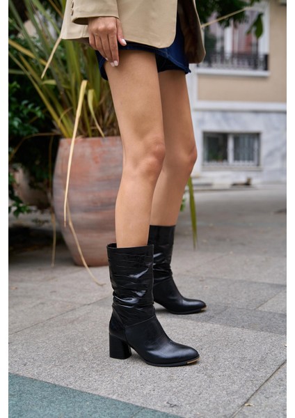 Siyah Kroko Kadın Büzgü Detaylı Topuklu Kadın Çizme
