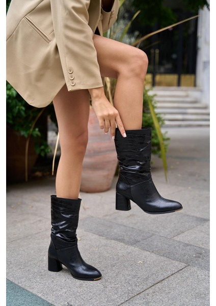 Siyah Kroko Kadın Büzgü Detaylı Topuklu Kadın Çizme fiyatları