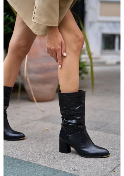 Siyah Kroko Kadın Büzgü Detaylı Topuklu Kadın Çizme indirimleri