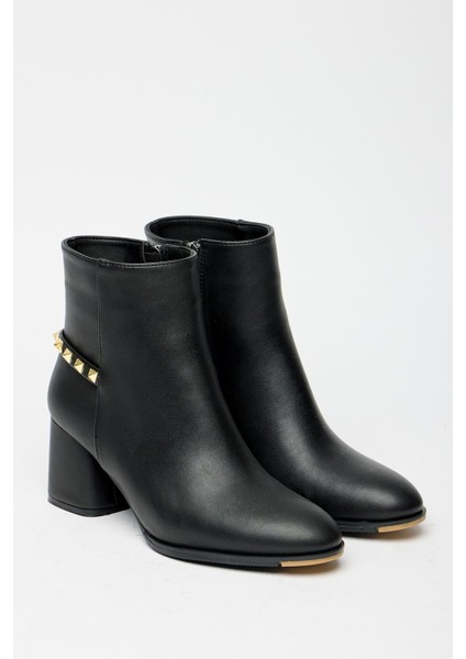 Siyah Kadın Topuklu Fermuarlı Arka Zımba Detaylı Kışlık Bot