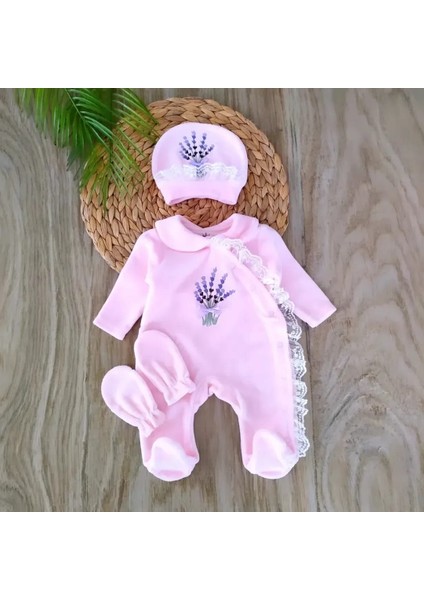 Kız Bebek %100 Pamuklu Pembe Kadife Kumaş Lavanta Çiçeği Tulum Seti Bebek Hediyesi BBK5519 fiyatları