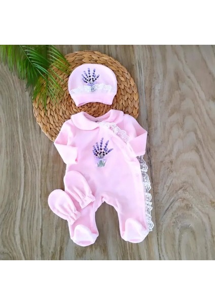 Kız Bebek %100 Pamuklu Pembe Kadife Kumaş Lavanta Çiçeği Tulum Seti Bebek Hediyesi BBK5519 modelleri