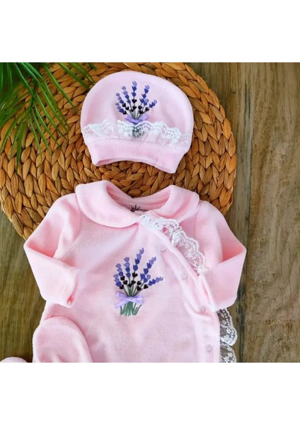 Kız Bebek %100 Pamuklu Pembe Kadife Kumaş Lavanta Çiçeği Tulum Seti Bebek Hediyesi BBK5519 indirimleri