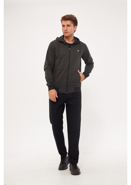 Erkek Pamuklu Tam Fermuarlı Kapüşonlu Eşofman Takımı Haki 5296-H