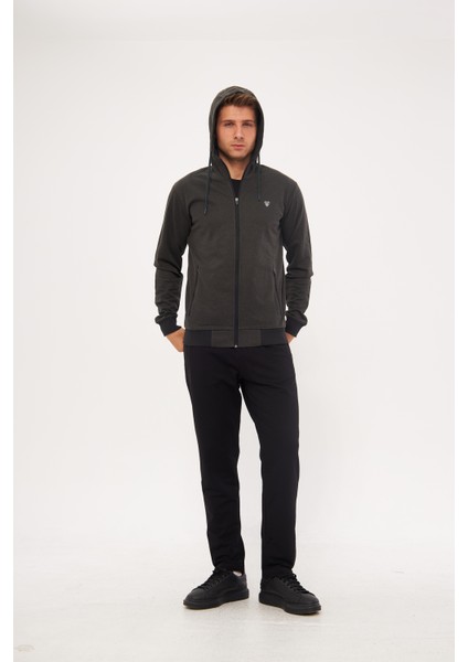 Erkek Pamuklu Tam Fermuarlı Kapüşonlu Eşofman Takımı Haki 5296-H