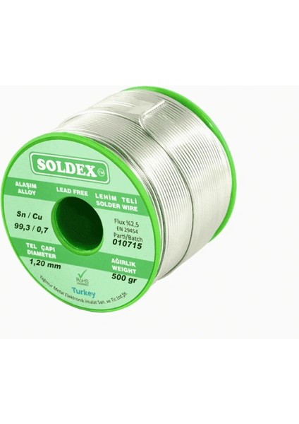 Buğz Kurşunsuz, Gümüşsüz Lehim Teli Sn: 99.3 - Cu: 0.7 - 200 Gr, 0.50 mm