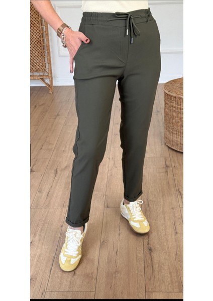 Kadın Full Likralı Beli Bağçıklı Süper Rahat Duble Paça Bilek Boy Üst Düzey Pantolon