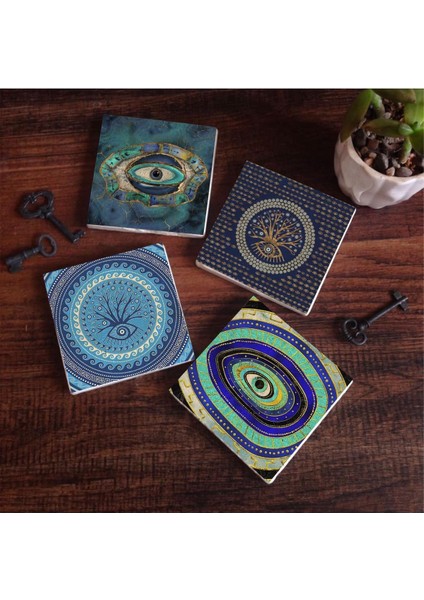 Nazar Taş Altlığı Seti - 4 Parça - Dekoratif, Mutfak Aksesuarı, 10X10 Cm, Kaydırmaz Tabanlı, Şık ve Dayanıklı SC183