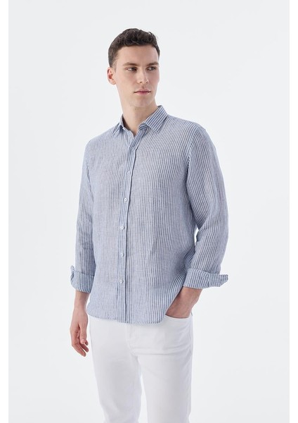 Lacivert Comfort Fit Çizgilli %100 Keten Gömlek
