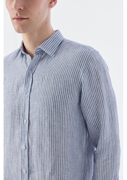 Lacivert Comfort Fit Çizgilli %100 Keten Gömlek modelleri