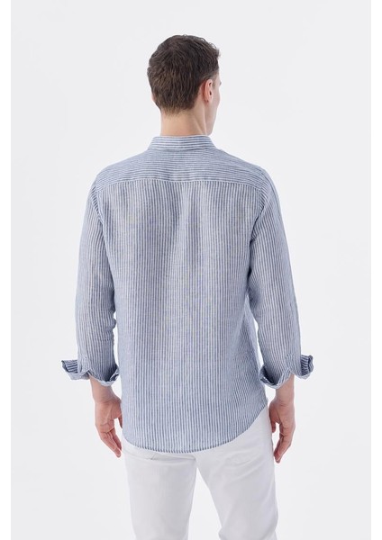Lacivert Comfort Fit Çizgilli %100 Keten Gömlek fırsatları