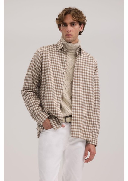 Kahve Classic Fit Kareli %100 Pamuk Gömlek