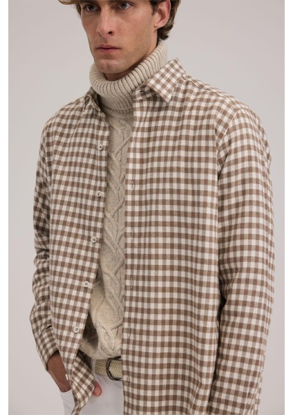 Kahve Classic Fit Kareli %100 Pamuk Gömlek modelleri
