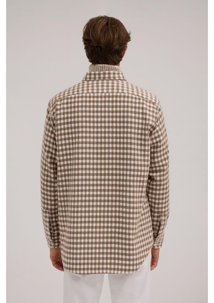 Kahve Classic Fit Kareli %100 Pamuk Gömlek fırsatları