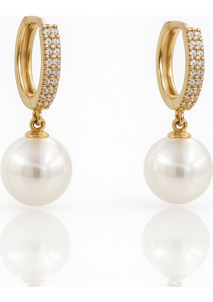 14K Gold Plated Shine Pearl Hoop Küpe
