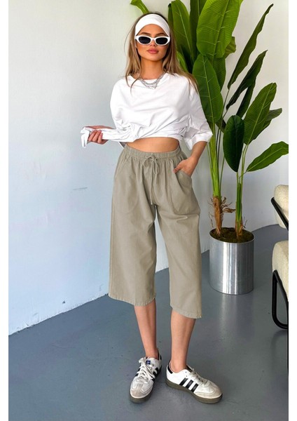 Kadın Yüksek Bel Keten Görünümlü %100 Pamuk Kapri W204-32