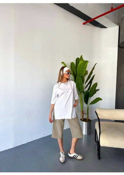 Kadın Yüksek Bel Keten Görünümlü %100 Pamuk Kapri W204-32 fiyatları