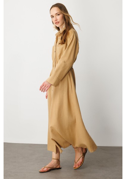 Keten Görünüm Düğmeli Uzun Elbise-Camel indirimleri