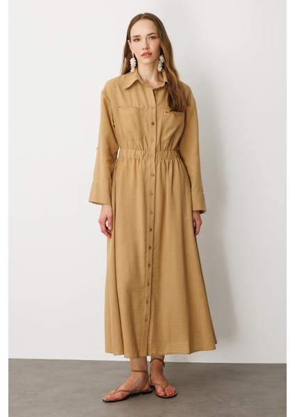 Keten Görünüm Düğmeli Uzun Elbise-Camel